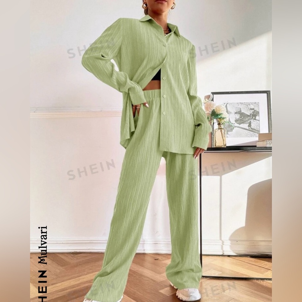 SHEIN Mulvari Solid Button Front Shirt & Wide Leg Pants